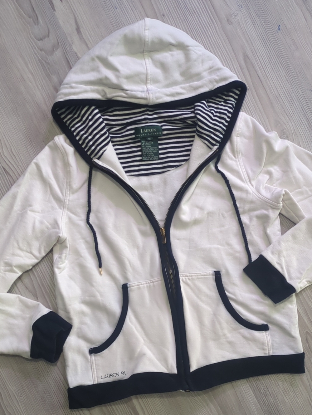 Lauren Ralph Lauren White Full Zip Hoodie Navy Trim Women's Small Preppy